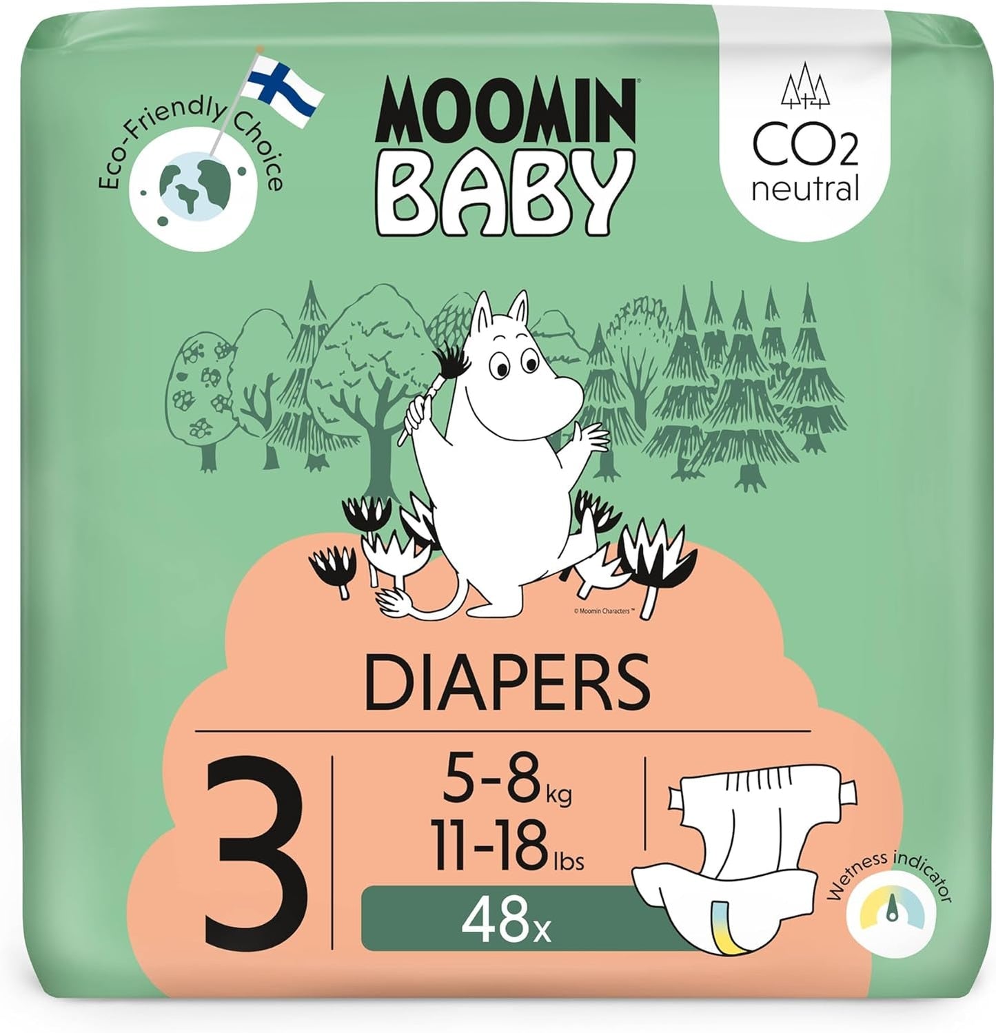 Mumin-Baby-Öko-Windeln, Größe 3, 5–8 kg, 48 Stück, hochwertige weiche Windeln | Weich und hautfreundlich, atmungsaktiv, saugfähig, keine unnötigen Chemikalien |