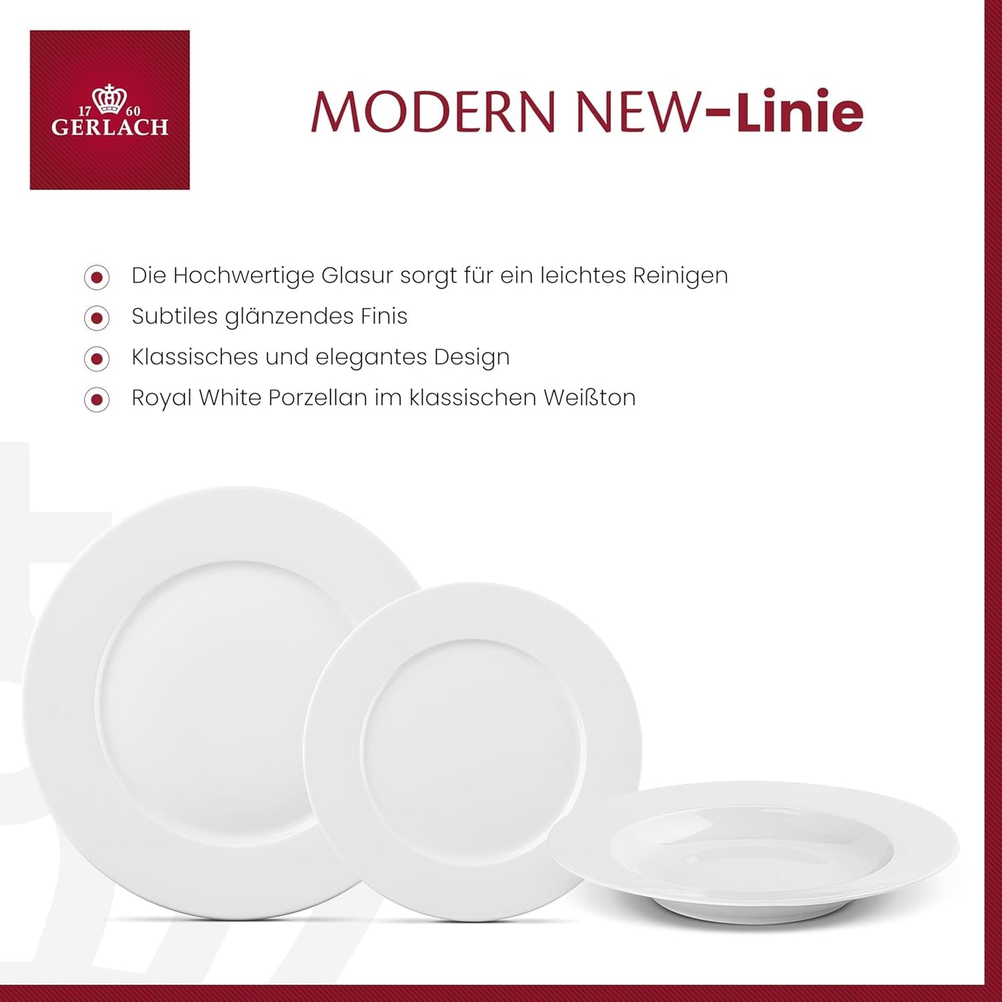 Gerlach 1760 Tafelservice - 18-teilig - Tischservice für 6 Personen - Tellerset - Modernes Porzellan, weiß