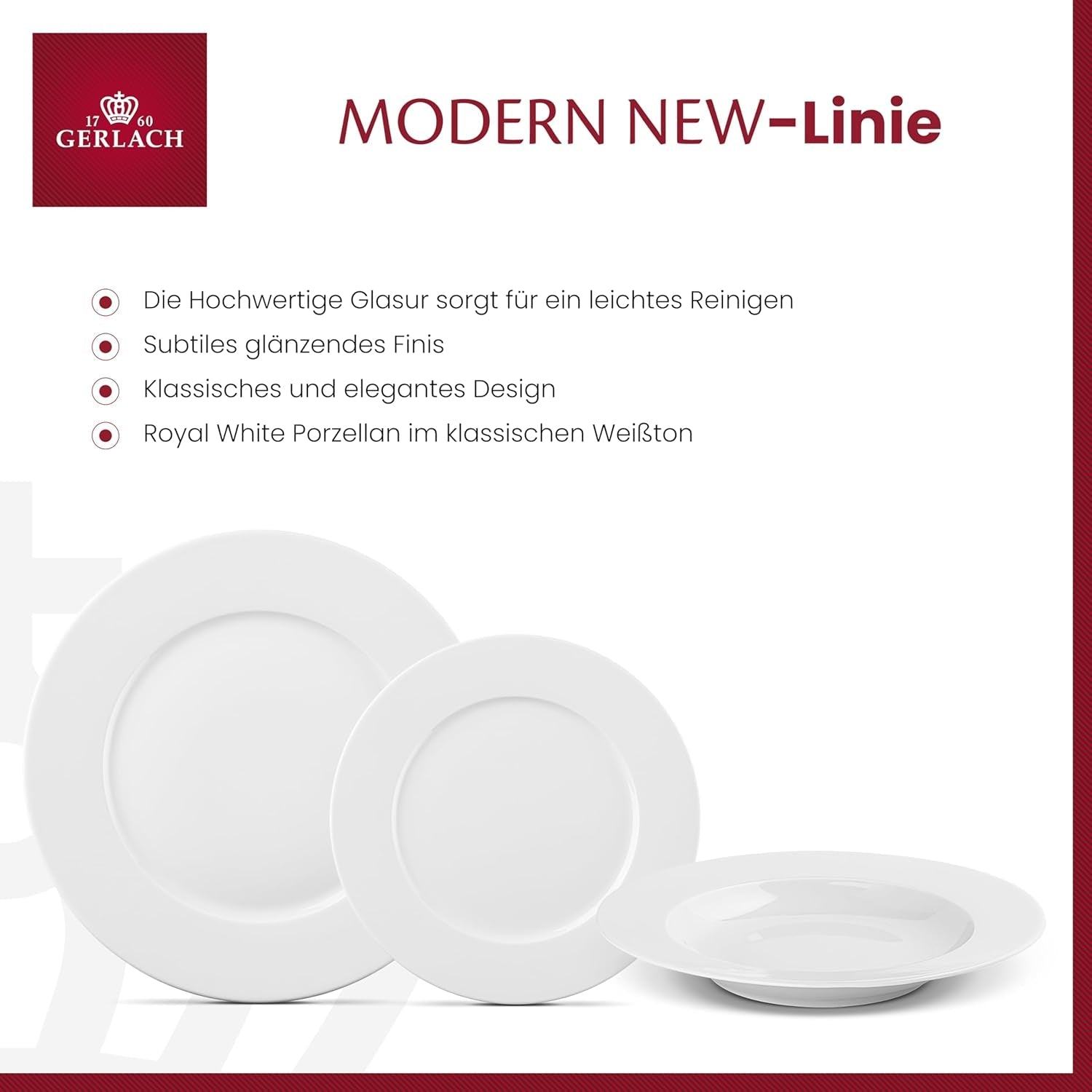 Gerlach 1760 Tafelservice - 18-teilig - Tischservice für 6 Personen - Tellerset - Modernes Porzellan, weiß