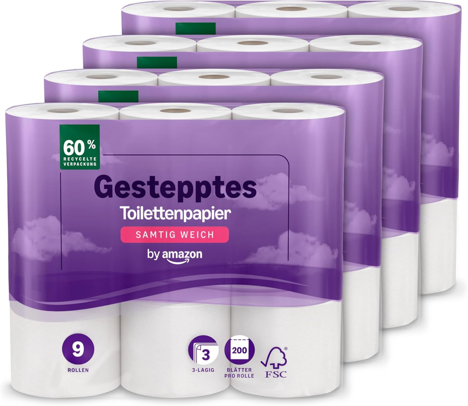 By Amazon Toilettenpapier, 3-lagig gesteppt, samtig weich, 36 Rollen (9 Rollen, 4er-Pack), 200 Blatt pro Rolle, FSC-zertifiziert