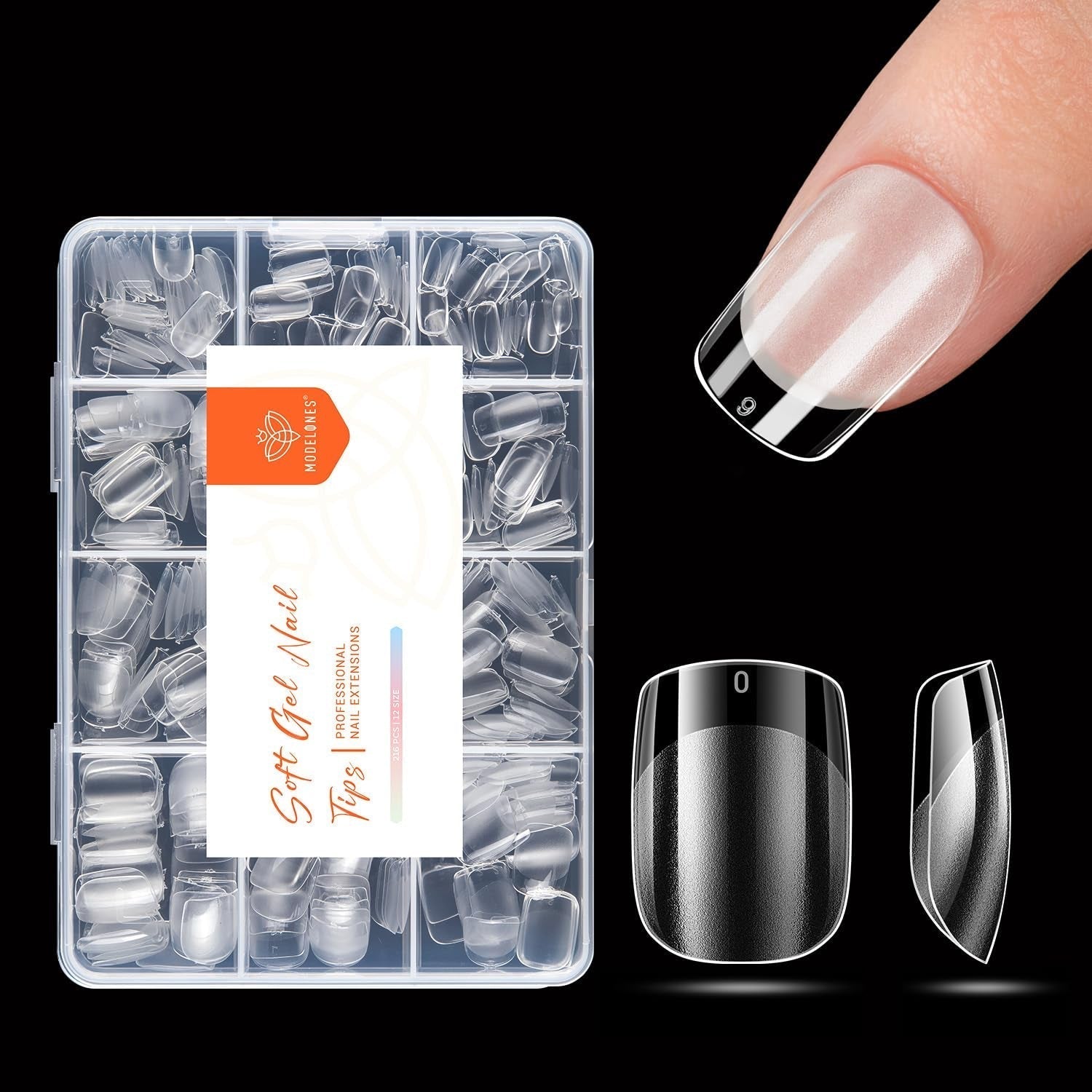 Modelones Nagelspitzen 216-teilig – Nagelspitzen-Set mit vollständiger Abdeckung, weiches Gel-Spitzen-Set, vorpolierende PMMA-Harz-Nagelspitzen, DIY-Kleber auf künstlichen Nägeln für Nagelkunst, kurze Mandeln XS