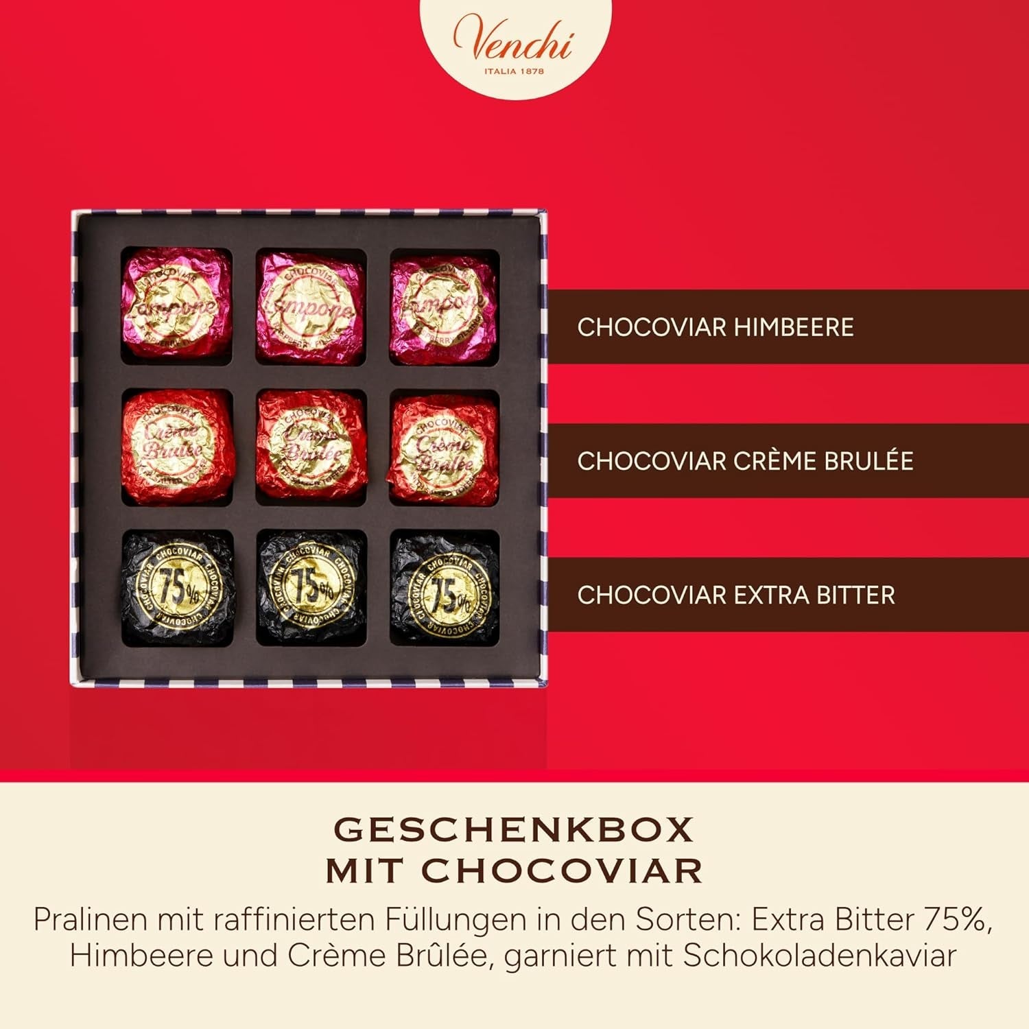 Venchi – Schachtel mit 9 verschiedenen Pralinen, 175 g, glutenfrei, ohne künstliche Farb- oder Konservierungsstoffe, Geschenkidee zum Valentinstag