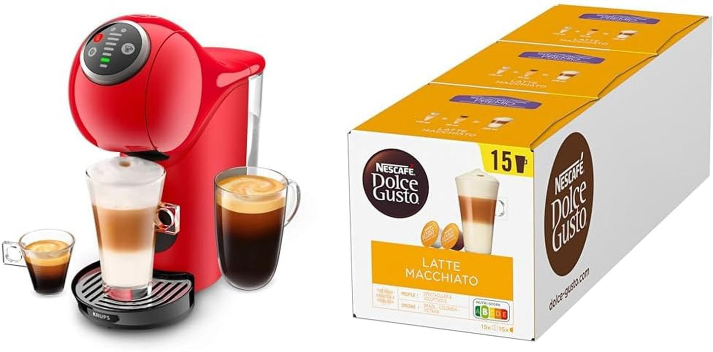 NESCAFÉ DOLCE GUSTO Krups KP3405 Genio S Plus Kapselmaschine | Espresso Boost, 15 Bar Pumpendruck | 0,8 l Wassertank | 1500 Watt | Farbe Rot mit Latte Macchiato