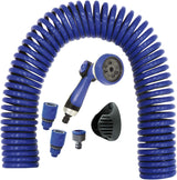 590078 – Spiralschlauchset, blau, 15 Meter (Durchmesser 9 mm) + Multifunktionspistole mit 8 Düsen + Automatik-Innengewinde mit ¾-½-Adapter + 2 Schnellkupplungen + Aufhängebügel