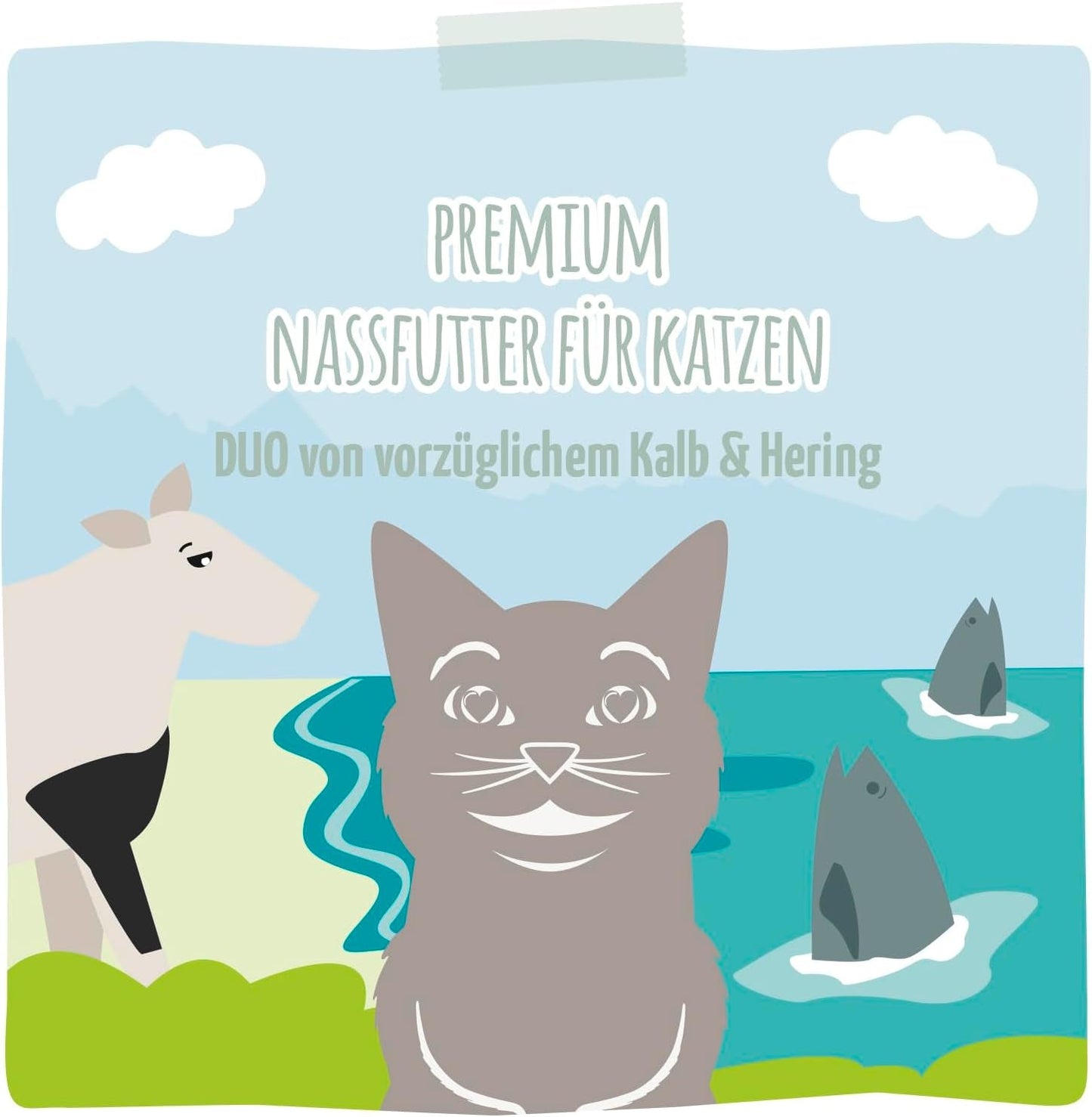 MjAMjAM – Premium-Nassfutter für Katzen – Quetschbeutel – DUO mit raffiniertem Kalbfleisch und Hering, 12er-Packung (12 x 125 g), getreidefrei