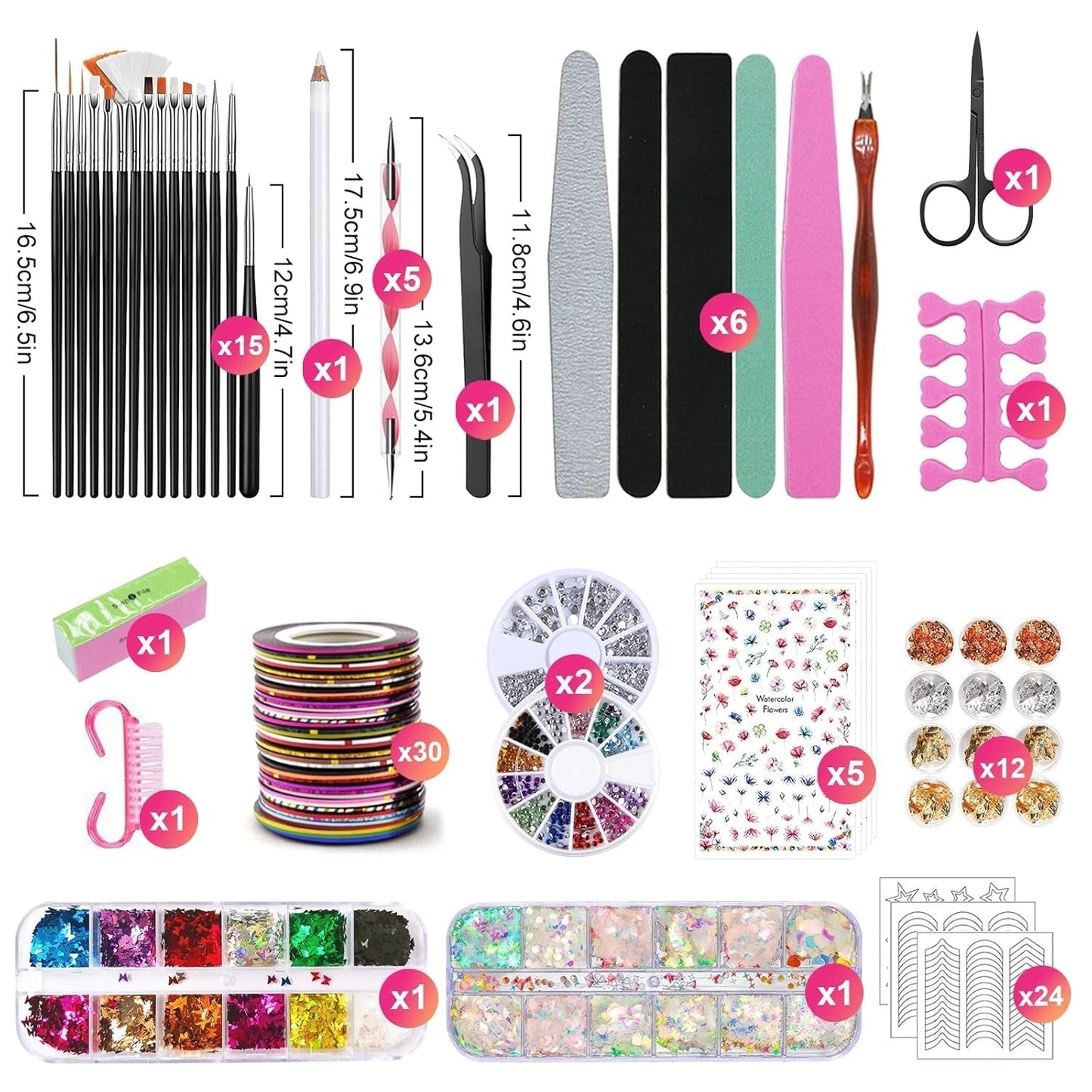 Nail Art Pinsel Und Dekorationen Set,Nail Art Dekoration Zubehör Set,15 Pcs Pinsel,5 Blätter Nagelsticker,5 Pcs Dotted Pen,Strasssteine ​​​​Nägel,Ultra Dünn Nagel Paillettes Für Nagelkunst Maniküre
