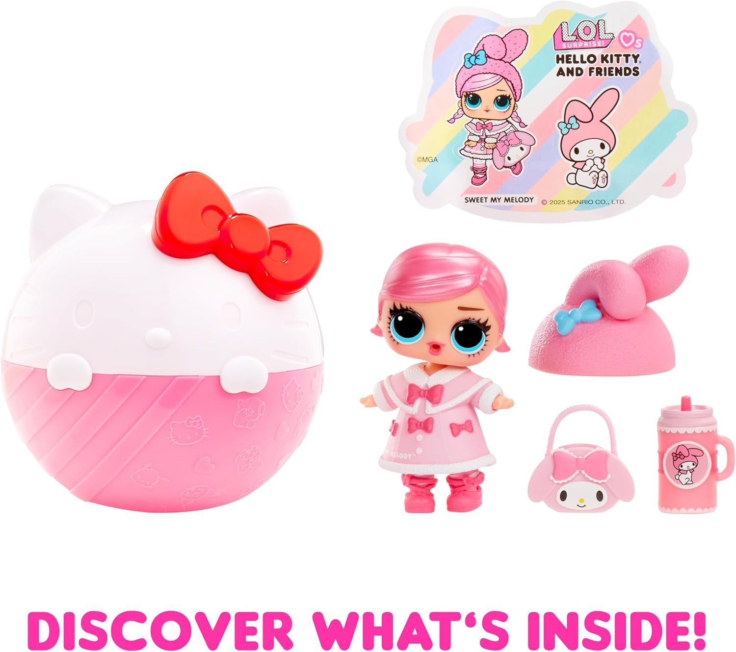 L.O.L. Überraschung! Liebt Hello Kitty und seine Freunde – 1 Puppe mit 7 Überraschungen, zufällige Auswahl, 8 Kleinkinder zum Sammeln, Geschenk für Kinder ab 4 Jahren, rosa Naty Shop-Puppen