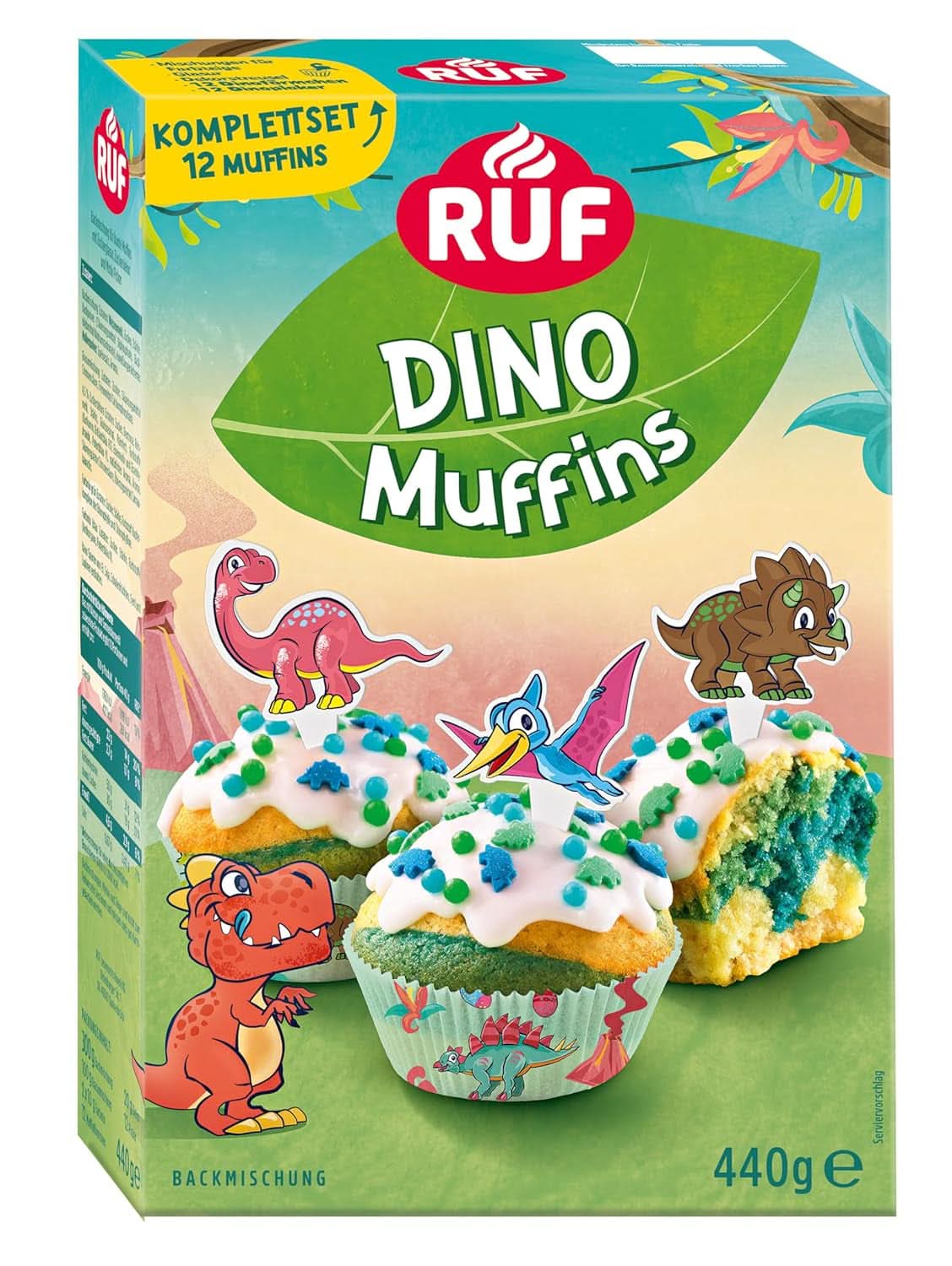 RUF Dinolino Cake, dreifarbiger Blechkuchen mit Zitronengeschmack, 850 Gramm Streusel Naty Shop Dinomuffins