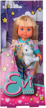 Simba Evi Love Pyjamas, 3 verschiedene Farben, nur ein Artikel wird versendet, Puppe im süßen Pyjama mit Einhorn-Plüschtier, Spielpuppe 12 cm, ab 3 Jahren