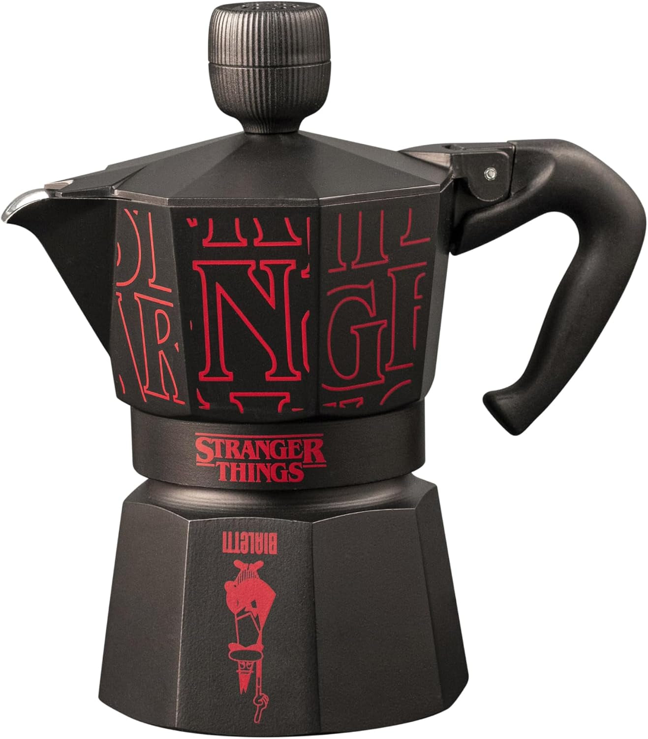 Bialetti Moka Express Stranger Things 3-Tassen-Kaffeemaschine, Musiktaste mit USB-C-Ladefunktion, Nicht für Induktionsherde geeignet, 3 Tassen (130 ml), Schwarz