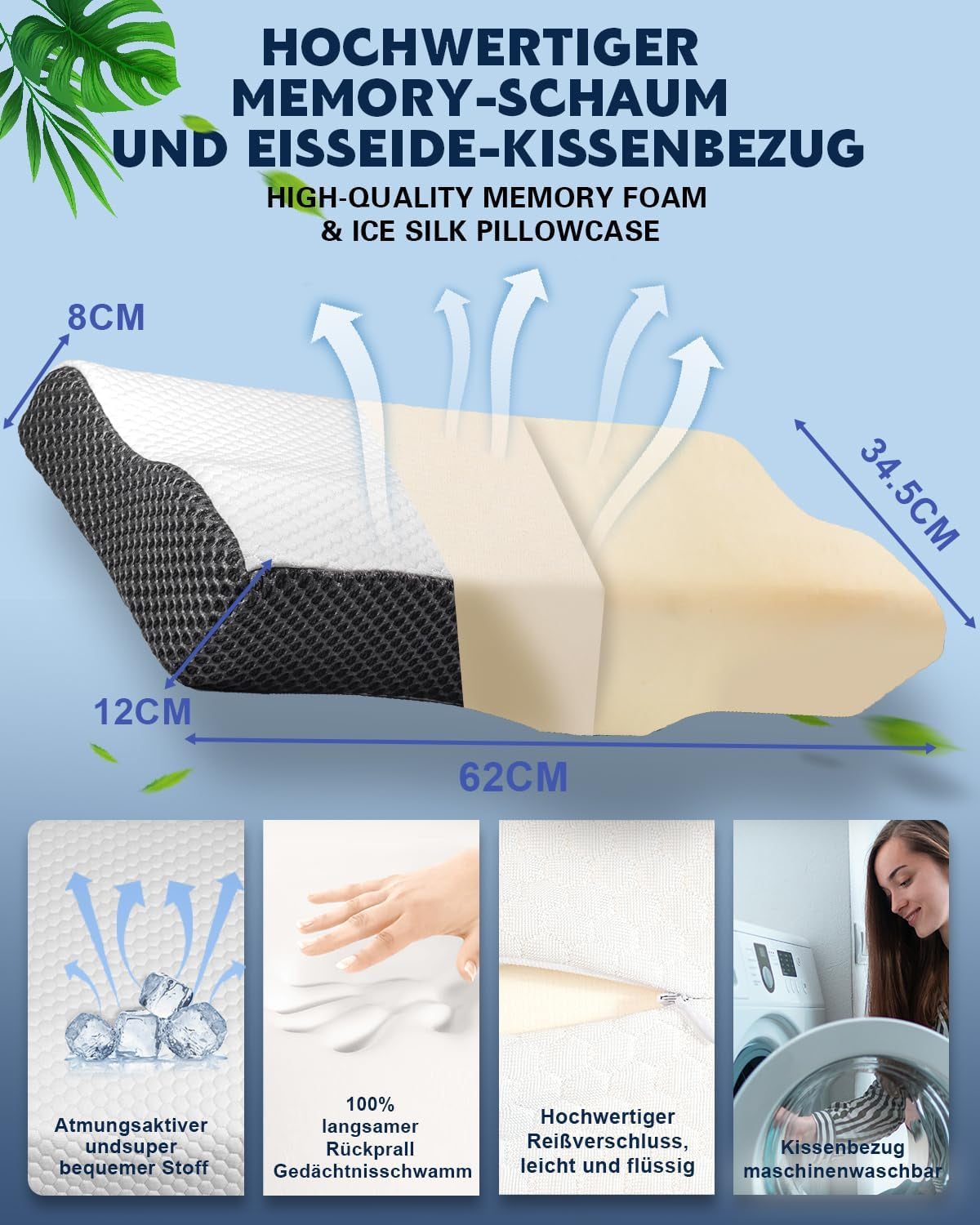 IDEA Kissen, ergonomisches orthopädisches Kissen gegen Nackenschmerzen, Memory-Schaum-Kissen für Seiten-, Rücken- und Bauchschläfer, Anti-Schnarch-Kissen für Männer und Frauen (62 x 34,5 x 12/8 cm). Orthopädische Nackenkissen von Naty Shop