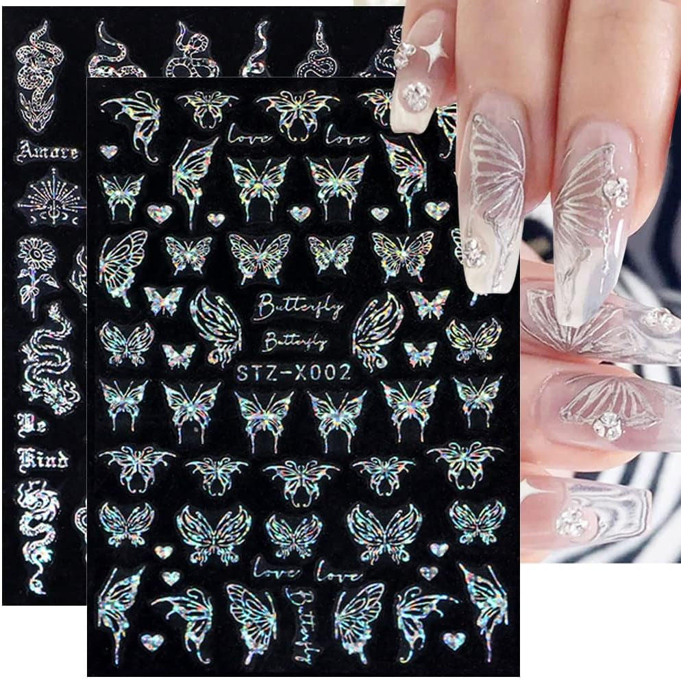 6 Blatt Schmetterling Nagelsticker Selbstklebend Laser Silber Schmetterlings Nagelaufkleber 3D Aurora Silber Schwarz Schmetterlinge Nagel Aufkleber Frühling Nageldesign Nail Sticker Nail Art Zubehör
