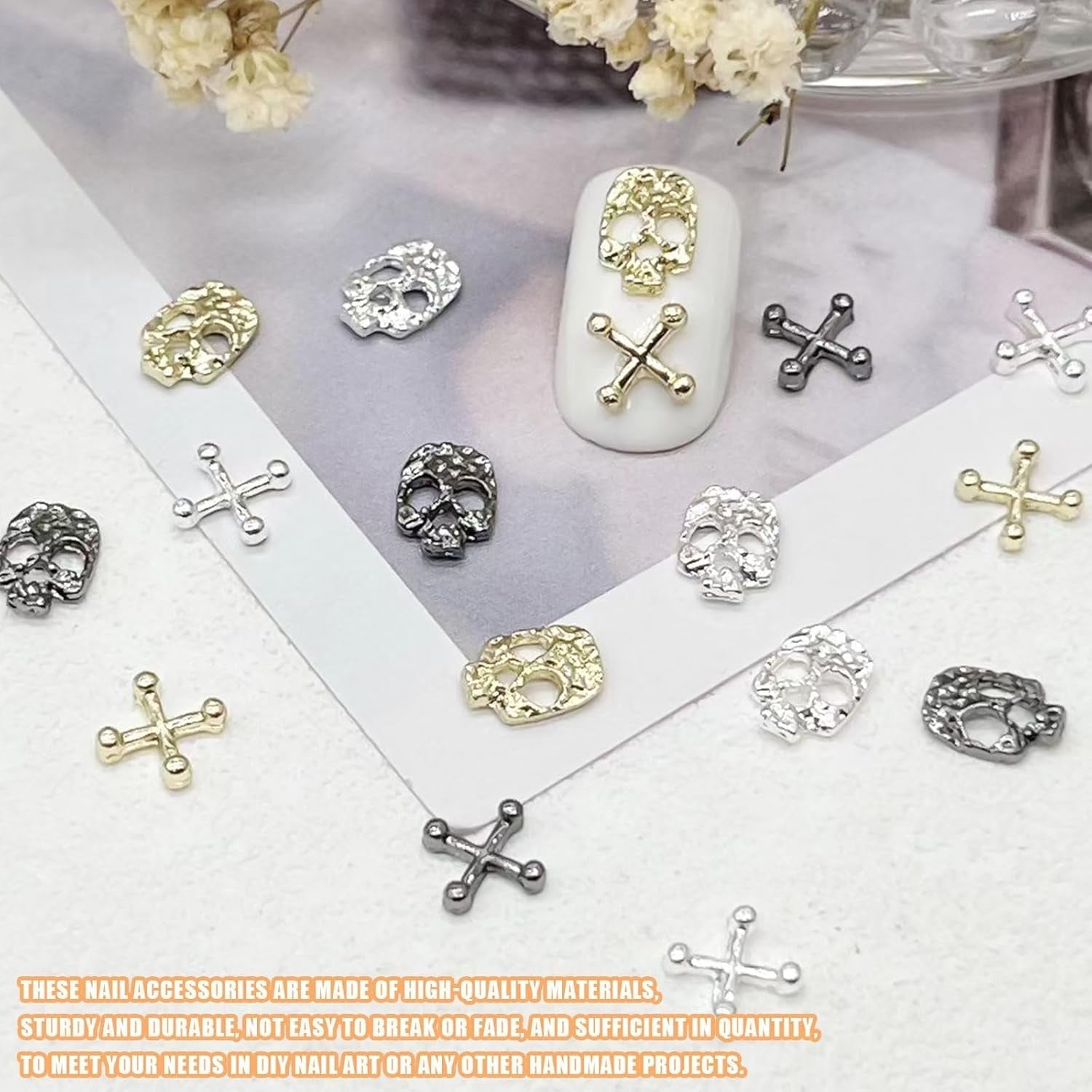 120 Stück Kreuzschädel Nail Art Dekorationen Set Gold Silber Metall Nail Art Charms Punk Legierung Nail Art Schmuck Funkelnde Steine ​​Zubehör