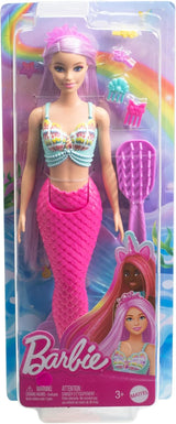 Barbie-Meerjungfrau-Puppe – mit langen rosa Haaren und individuellen Styling-Accessoires, einschließlich Bürste, hübscher Muschelspitze und rosa Schwanzflosse, ab 3 Jahren, 00 HRR