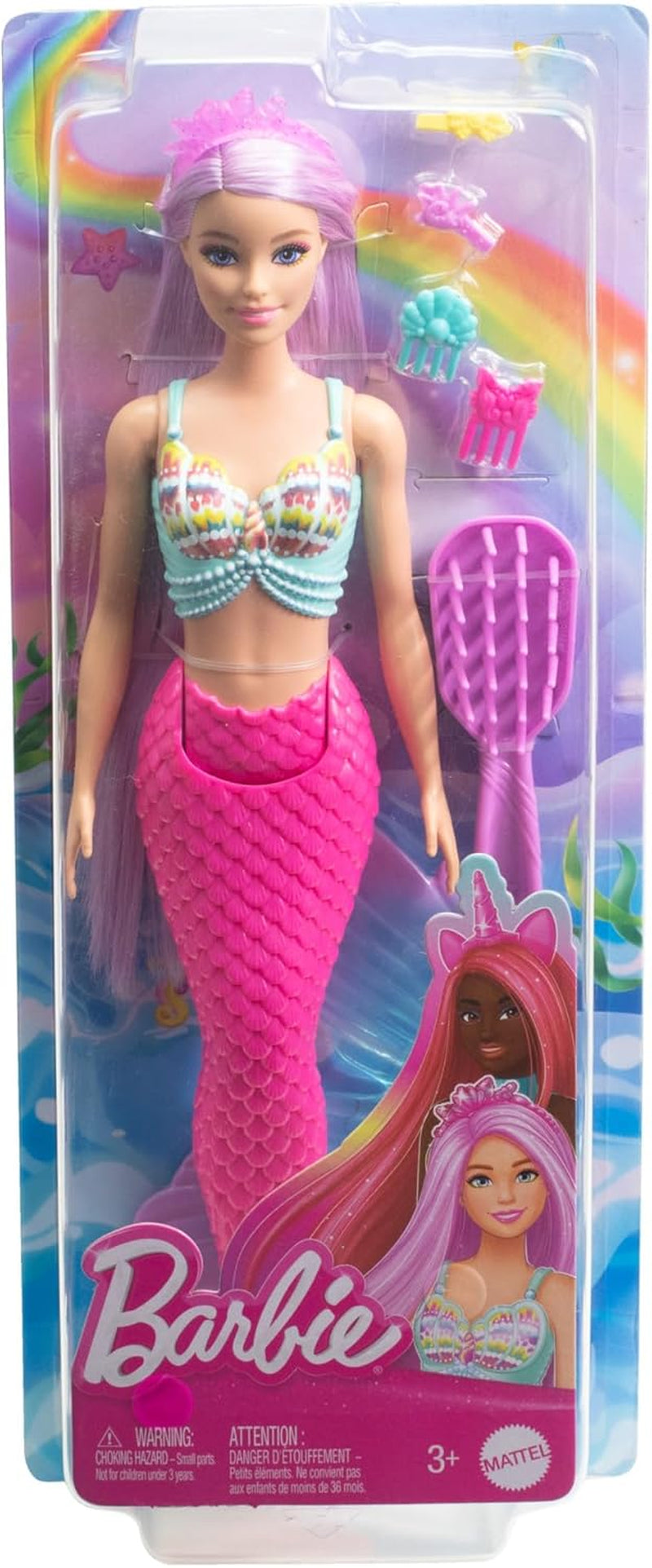 Barbie-Meerjungfrau-Puppe – mit langen rosa Haaren und individuellen Styling-Accessoires, einschließlich Bürste, hübscher Muschelspitze und rosa Schwanzflosse, ab 3 Jahren, 00 HRR