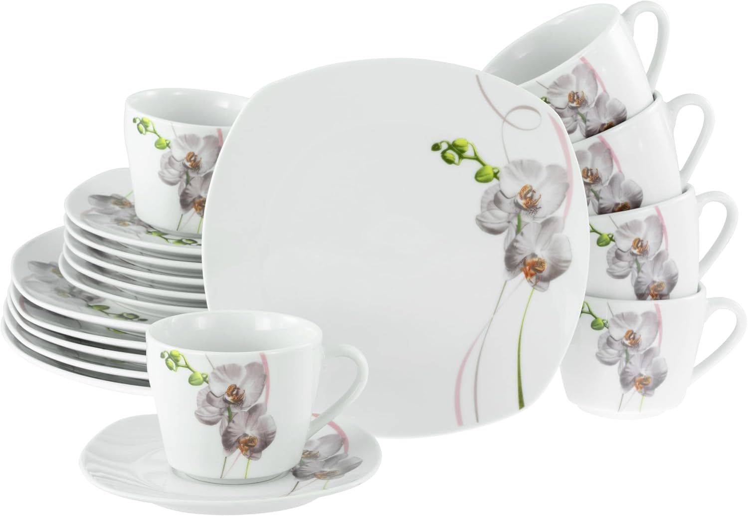 CreaTable, 24024, Serie „Square Orchid“, 18-teiliges Tafelservice für 6 Personen, Kaffeeservice aus Porzellan, spülmaschinen- und mikrowellengeeignet, hochwertige Herstellung