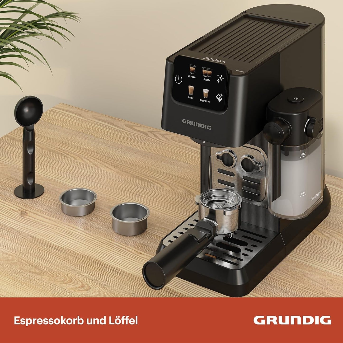 Siebträger-Espressomaschine GRUNDIG KSM 5330 mit integriertem Milchbehälter, Leistung 1628 W, Pumpendruck 15 bar, Doppeldüse, farbiges Touch-Display, BrewSense, CreamyPro, Edelstahl dunkel/Schwarz
