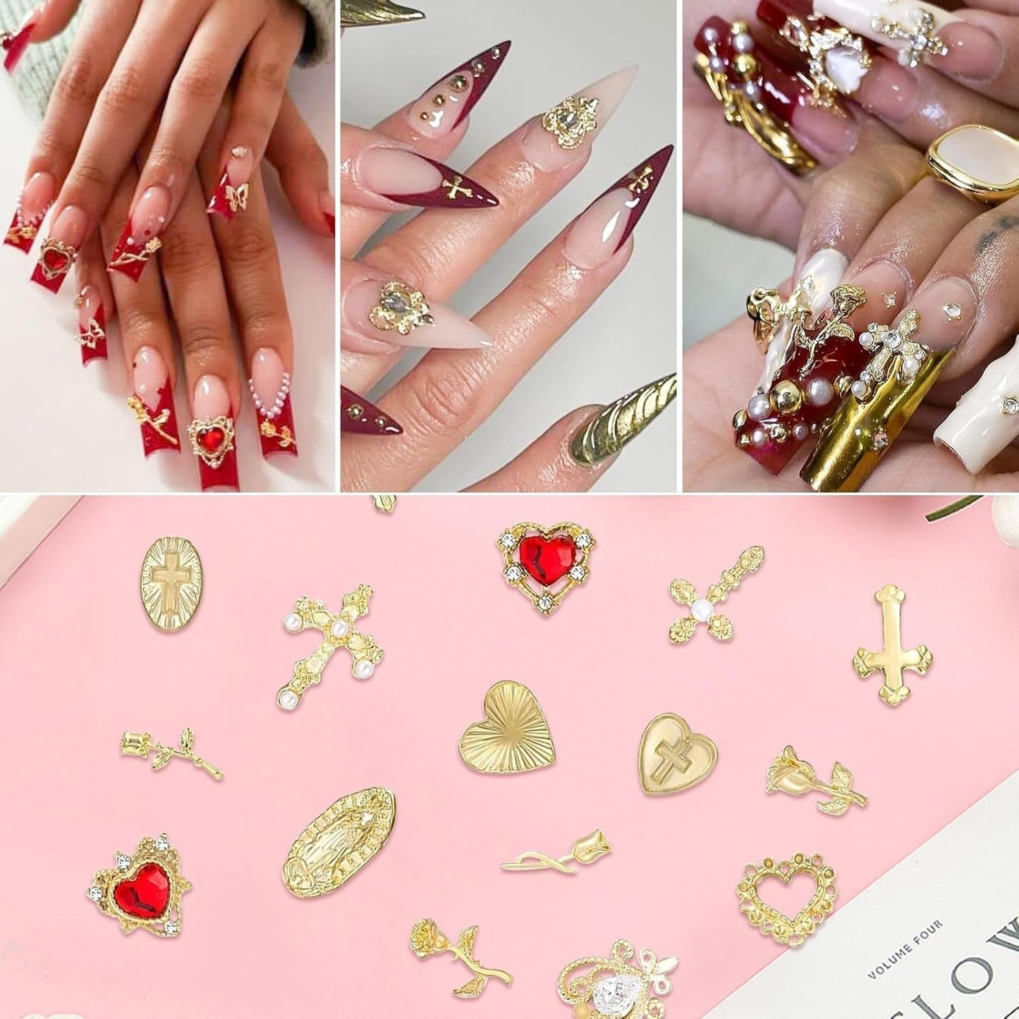 Gold Nagel Charms 80 Stück Kreuz Rose Herz Jungfrau Maria Nagel Edelsteine ​​Metalllegierung Nagelzubehör für Maniküre Design Dekorationen DIY Handwerk
