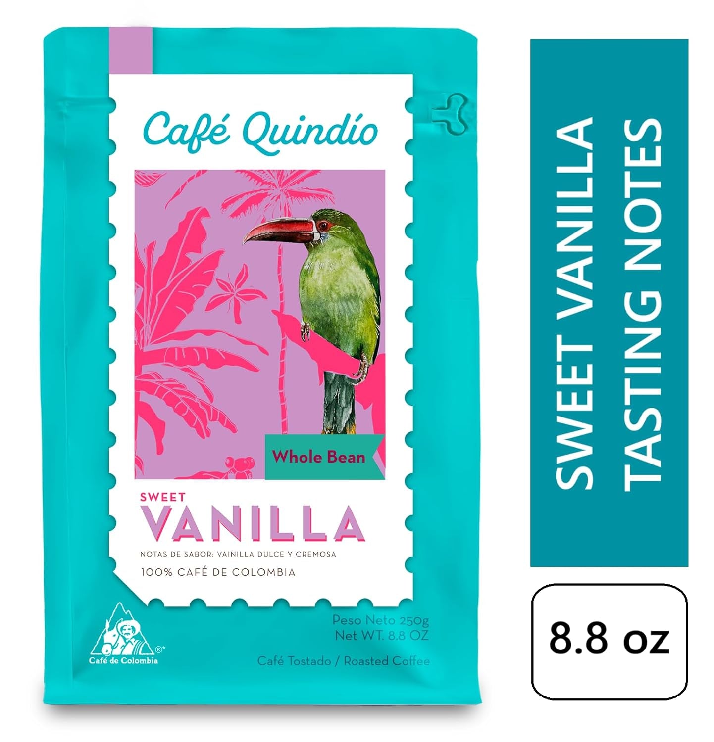 Cafe Quindio Spezialitätenkaffee – 100 % Arabica-Kaffeebohnen, Kolumbien – mit natürlichen Noten von süßer Vanille (250 g) – ideal für Filterkaffee, Siebträgermaschinen oder French Press