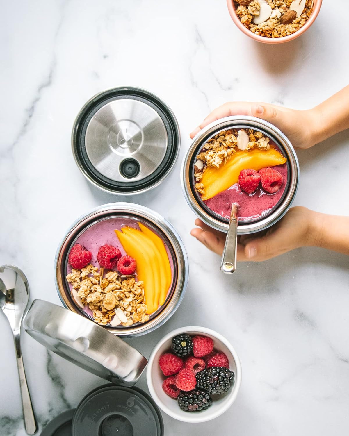Eats 2-in-1-Futternapf mit Schraubdeckel, 636 ml, rosa Achat, dreifach isolierte, auslaufsichere Trinkflasche für unterwegs, bis zu 11 Stunden kalt/7 Stunden heiß, Aufbewahrungsboxen für Lebensmittel von Naty Shop