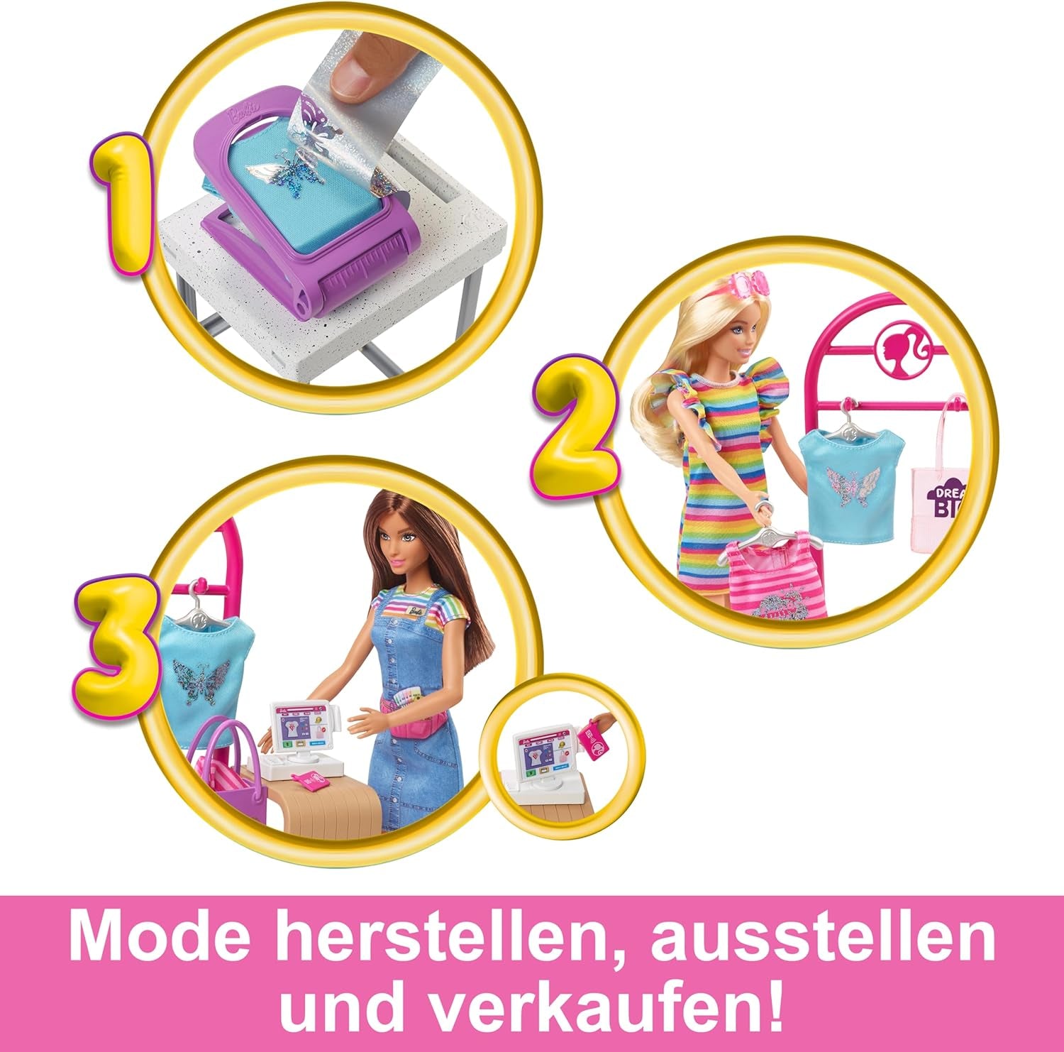 Barbie Fashion Boutique Spielset – Puppe mit Folienmuster, über 150 originelle Looks, inklusive 2 Blusen und 5 Folienlaken, Kleiderständer und Kreditkartenleser, ab 3 Jahren, HKT78