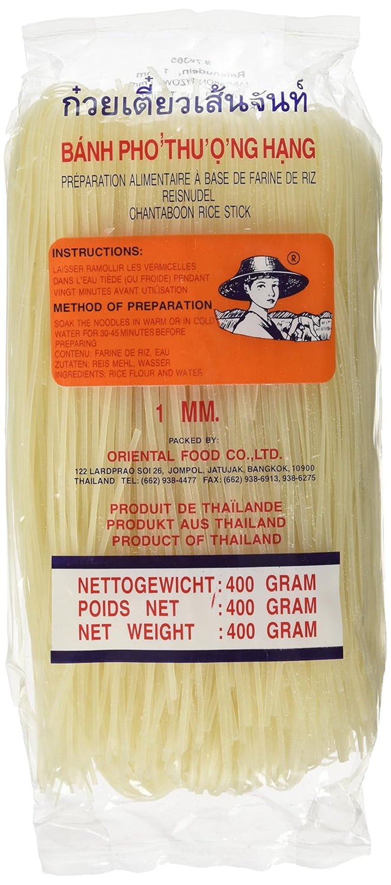 Reisnudeln – Thailändische, 1 mm breite Reisbandnudeln, hergestellt aus Reismehl – ​​17 x 400 g
