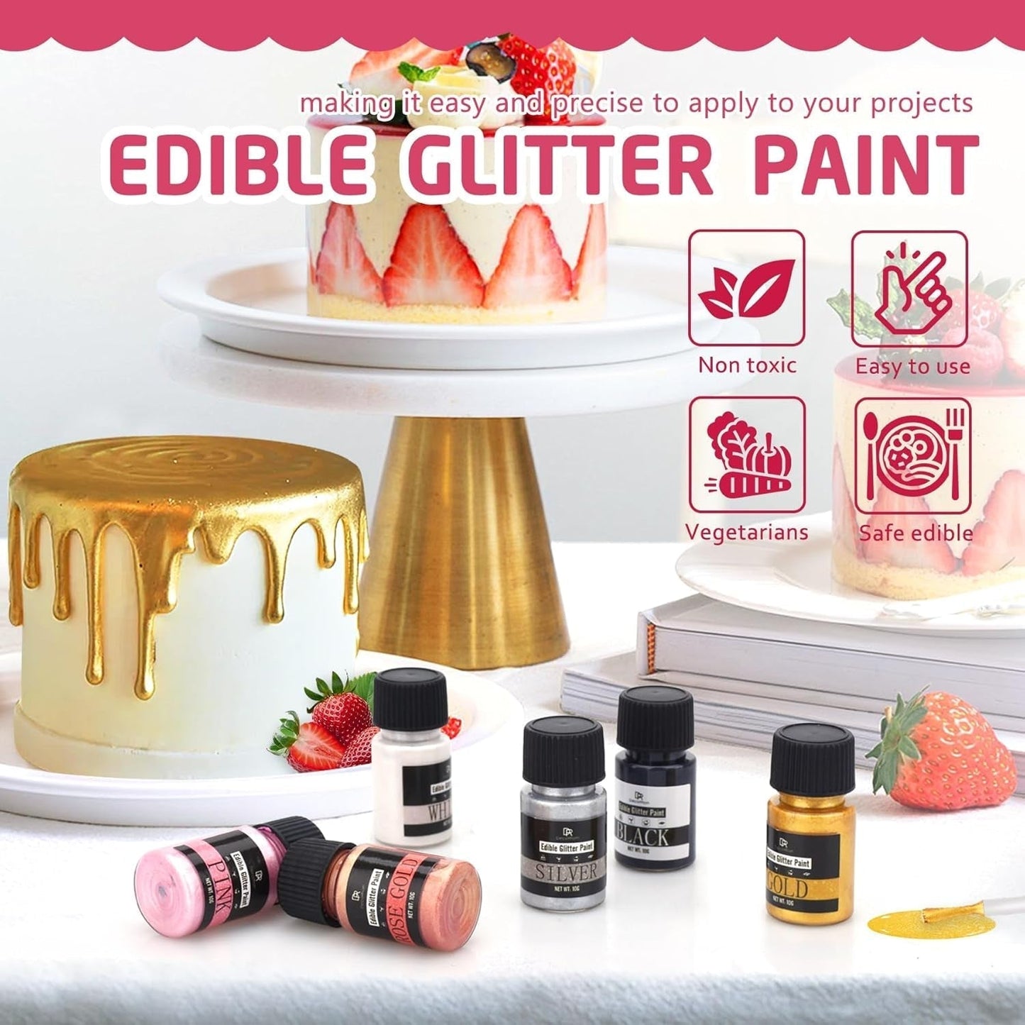 Essbarer flüssiger Glitzer – 6 Farben metallischer Glitzer, Lebensmittelfarbe zum Dekorieren von Kuchen, Backen, Muffins – essbares flüssiges Glitzer-Metallic-Pulver für selbstgemachte Kekse, Fondant, Kuchen