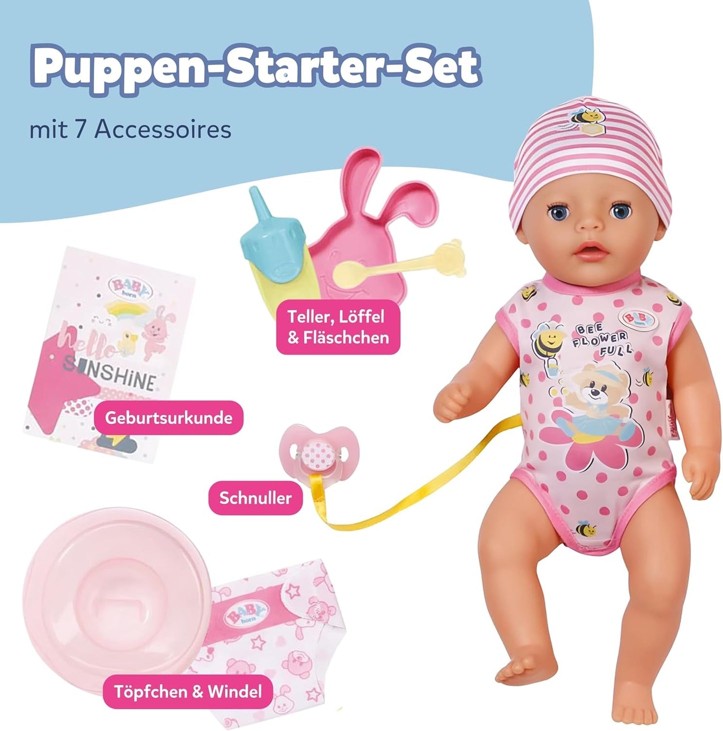 Baby Born Lena Babypuppe (Mädchen) – 36 cm – 7 Funktionen, inklusive Zubehör und Matratze – Funktioniert komplett ohne Batterien – Geeignet für Kleinkinder ab 1 Jahr