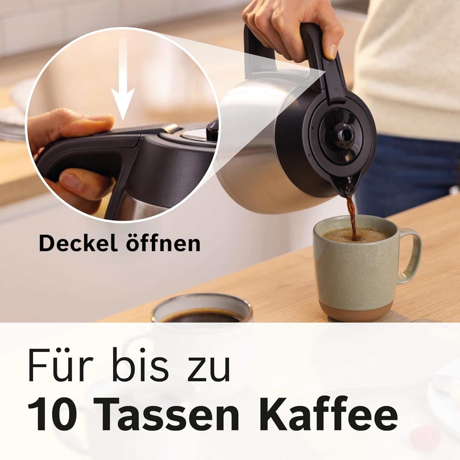 Bosch MyMoment TKA6M273 Filter-Espressomaschine, 1 l Thermokaraffe, 8–12 Tassen, Anti-Tropf-System, rotierender Filterhalter, Entkalkungsprogramm, abnehmbarer Wassertank, 1200 Watt, mattschwarz
