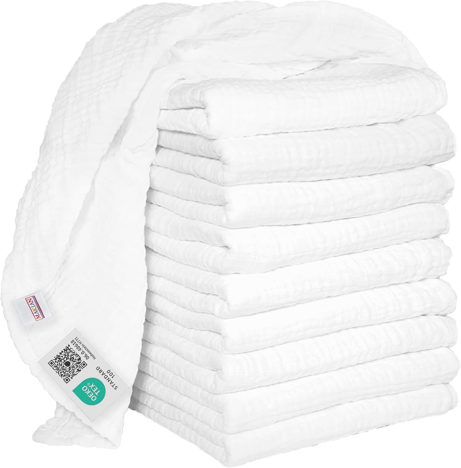 MAKIAN Musselin-Quadrate, 10 Stück, 80 x 80 cm, Öko-TEX® Standard 100 zertifiziert, 10 Premium-Spucktücher – doppelt gewebte Stoffquadrate/Musselin-Quadrate, kochfest – Weiß