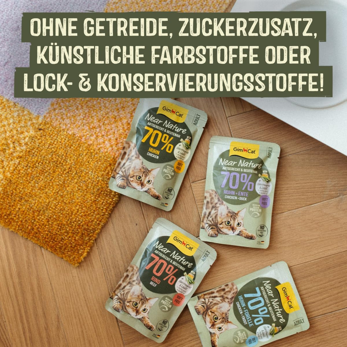 GimCat Near Nature Trial Mix 12er Pack – getreidefreies Nassfutter für Katzen ab 7 Monaten mit artgerechter und beutespezifischer Rezeptur – 12 Beutel (12 x 85 g)