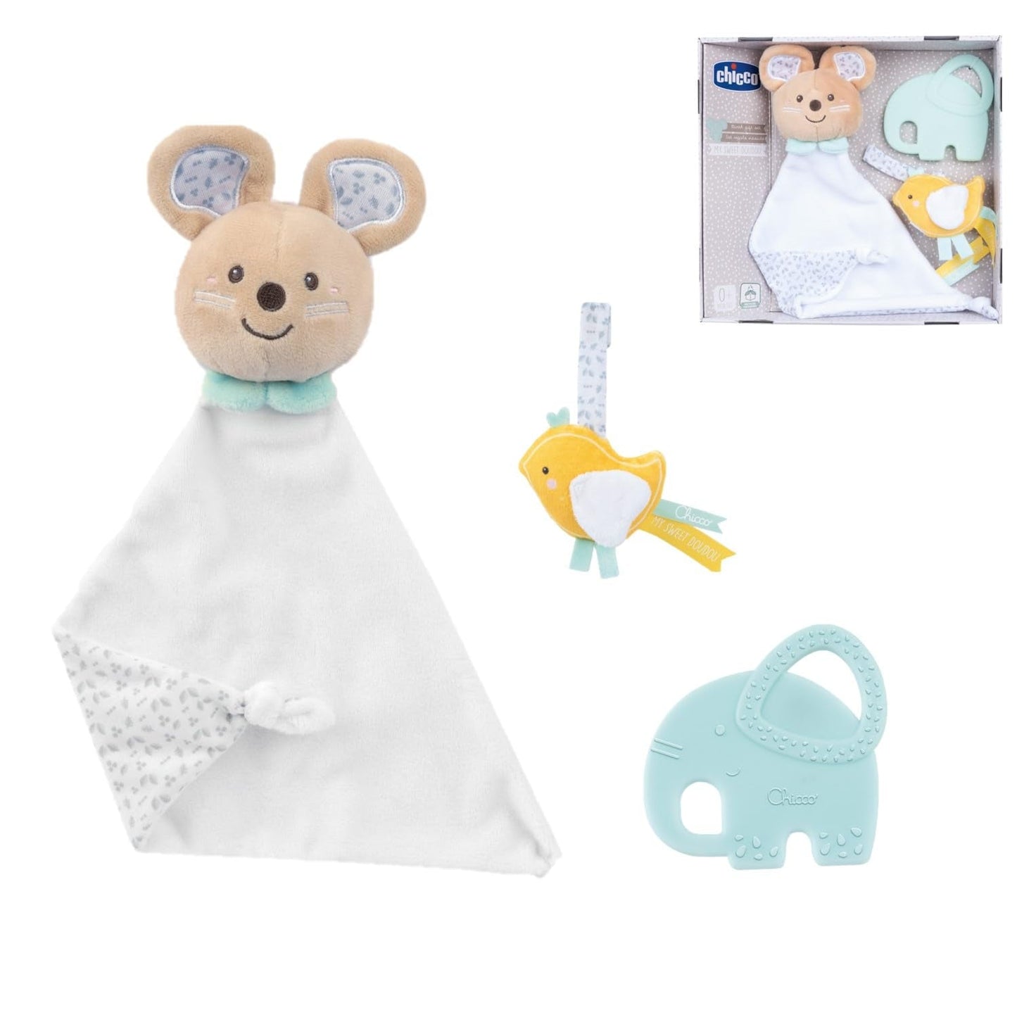 Chicco, My Sweet Doudou Baby-Geschenkset, weiche DouDou-Decke, Velours-Schnuller, geprägter Elefanten-Beißring, Geschenkideen für Neugeborene ab 0 Monaten