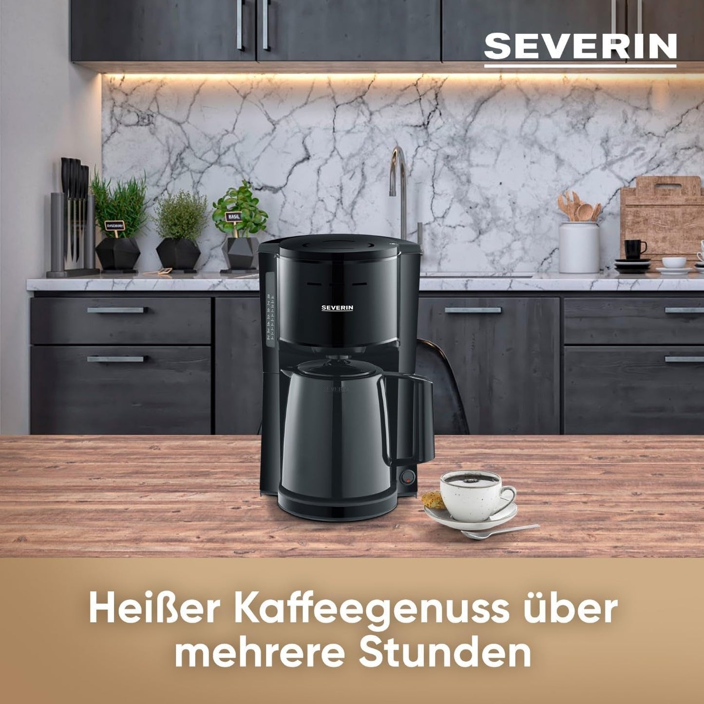 SEVERIN Filterkaffeemaschine mit Thermokaraffe, Kaffeemaschine für bis zu 8 Tassen, attraktiver Filterkaffeebereiter mit isolierter Karaffe, Schwarz, 1 Liter, KA 9306