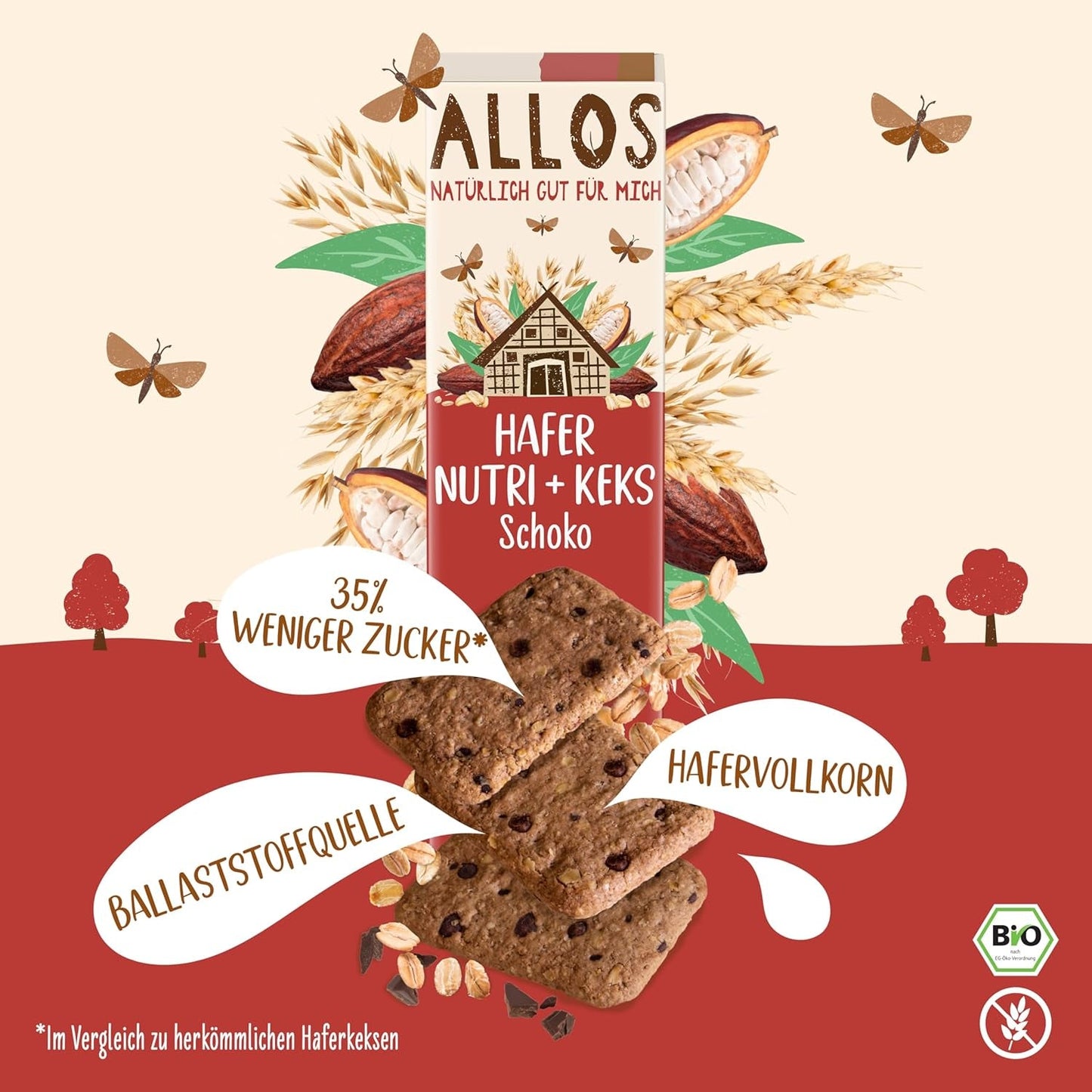 Kekse mit Haferflocken und Bio-Schokolade Allos | Knuspriger Vollkorn-Hafer-Schokoladenkeks | Mit Honig 6 x 130 g süßen