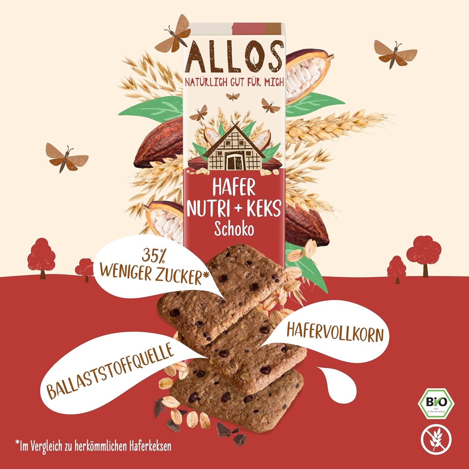 Kekse mit Haferflocken und Bio-Schokolade Allos | Knuspriger Vollkorn-Hafer-Schokoladenkeks | Mit Honig 6 x 130 g süßen