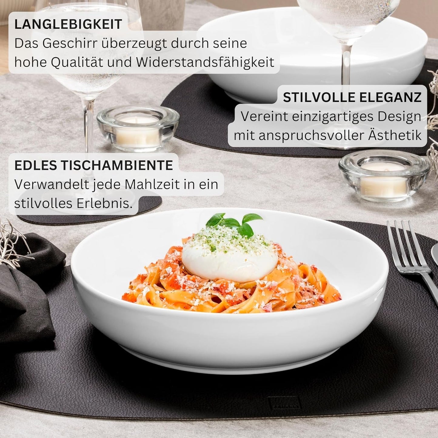 SANGER | Weißes Marlo-Geschirrset, 24-teiliges Geschirrset für 6 Personen mit Desserttellern, Speisetellern, Schüsseln und Müslischalen. Porzellan-Essteller-Set, Geschirr, modernes Design, PREMIUM-KOLLEKTION