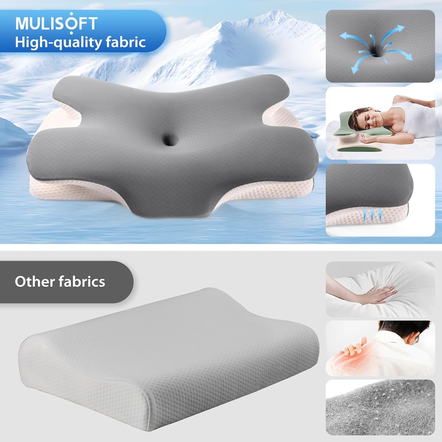 MULISOFT Memory Foam-Kissen, bequemes Kopfkissen, Nackenstützkissen, ergonomisches Seitenschläferkissen (grau). Orthopädische Halskissen von Naty Shop