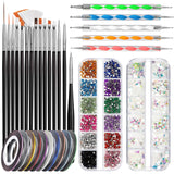 FANDAMEI Nail Art Pinsel Set, 15 Stücke Pinsel Für Gelnägel Nagel Pinsel, 5 Stücke Gepunkteter Stift, 10 Rolle Streifenband Nägel, Strasssteine ​​​​Nägel, Ultra Dünne Nagel Pailletten Für Nagelkunst Maniküre Set