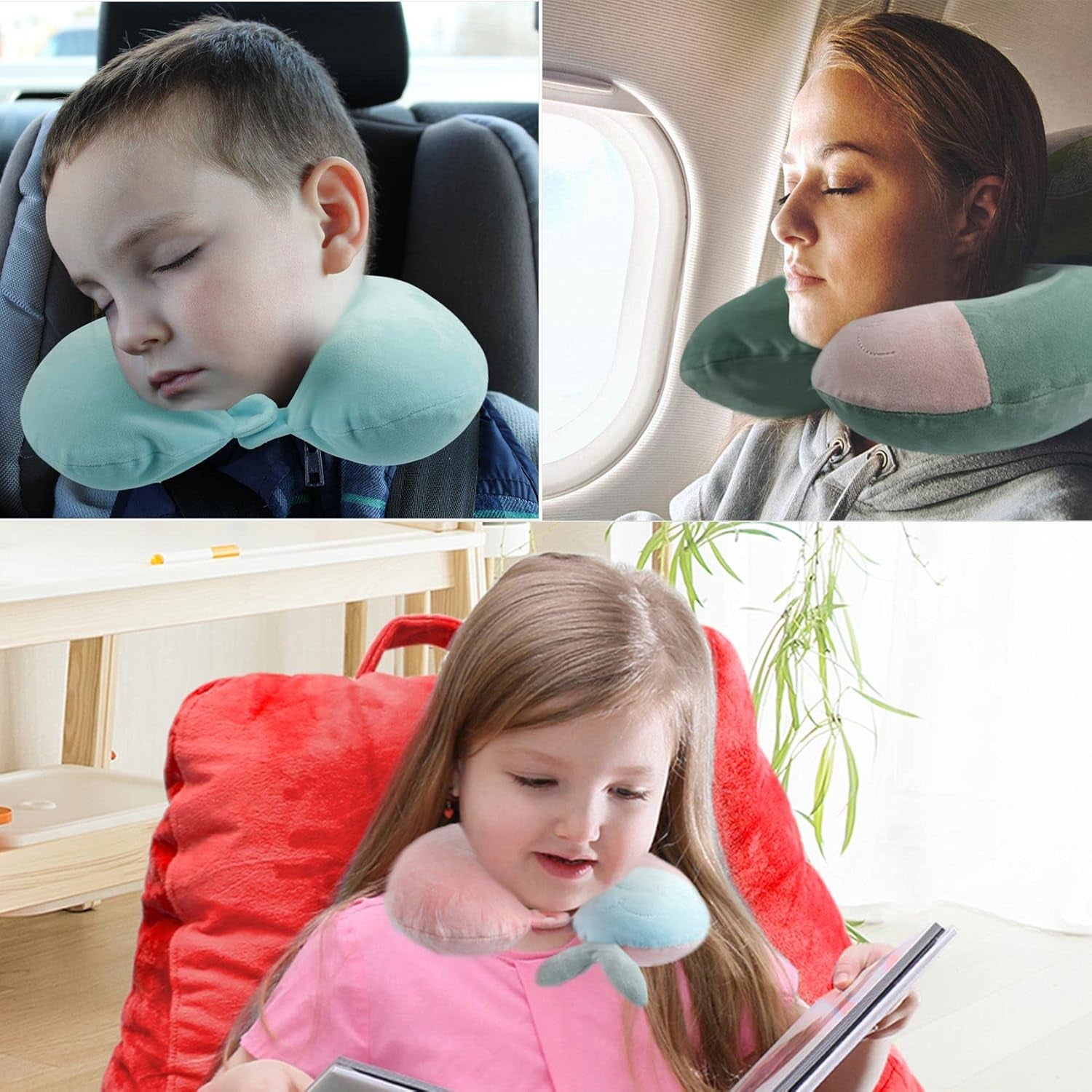 Nackenkissen, Kinder-Nackenkissen für Flugzeug, Auto, Zug, Reisen, Erwachsene, Memory-Schaum-Reisekissen, niedliches Tiermuster, U-förmiges Kissen, abnehmbarer Bezug (Pink2), orthopädische Nackenkissen von Naty Shop