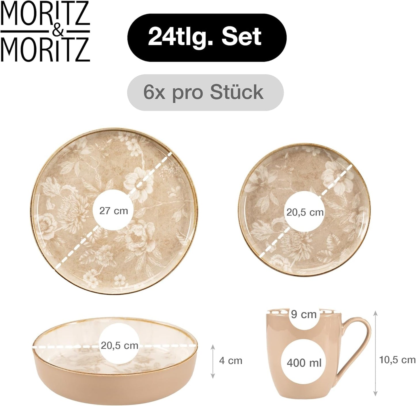 Moritz & Moritz MARIELLA 24-teiliges Steingut-Geschirrset für 6 Personen – Modernes beigefarbenes Geschirr mit verspieltem Design, pflegeleichtes Kaffeeservice mit Tellern, Schüsseln und Tassen – Kombinationsset
