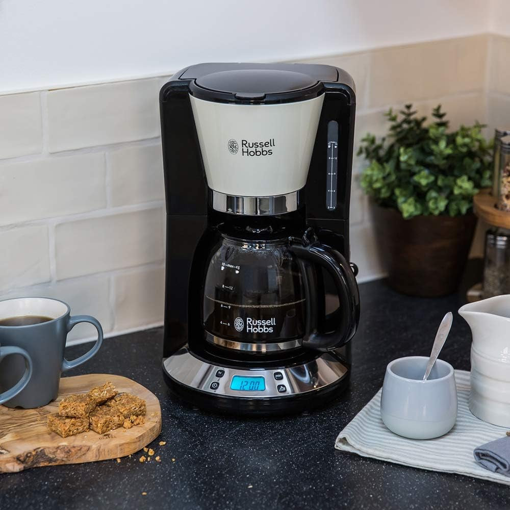 Russell Hobbs Kaffeemaschine [Digitaler Timer, Duschkopf für optimale Extraktion und Aroma] Colors+ Creme (1 bis 10 Tassen, 1,25 l Glaskaraffe, Heizplatte, 1100 W) Filterkaffeemaschine 24033-56