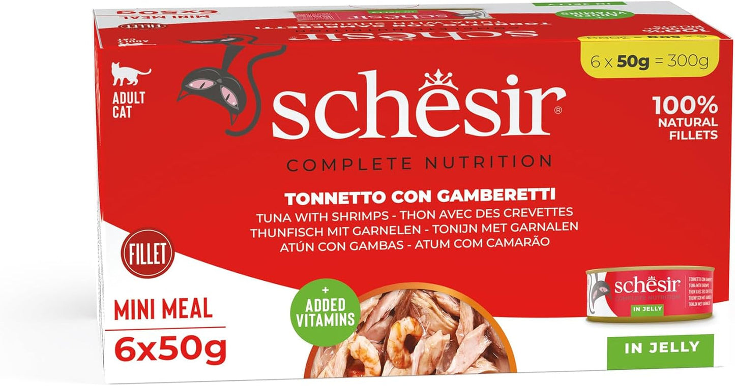 Thunfisch-Garnelen-Gelee für Katzen, Nassfutter für Katzen in Gelee, 8 x 6 Dosen x 50 g