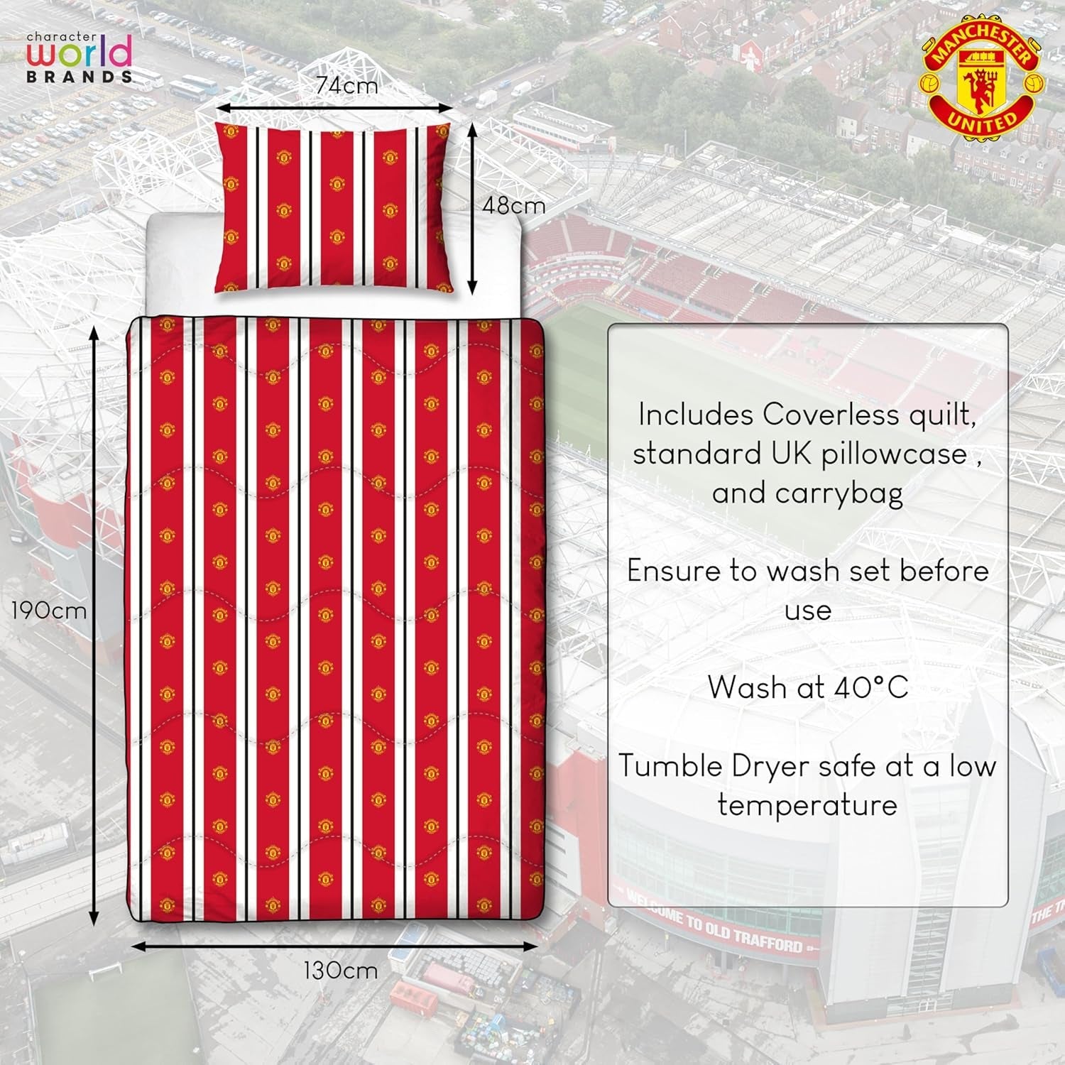 Offizielle Einzelbettdecke von Manchester United FC, wendbar, rot und weiß, ohne Bezug, Fußballdecke, Kissenbezug, waschbar, perfekt für Reisen, Übernachtungen, 10,5 Tog Bettdecken und Steppdecken Naty Shop