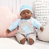 Bayer Design 94001AH Interaktive Babypuppe, Junge, sprechend, weicher Körper, 40 cm, dunkles Leder, blau