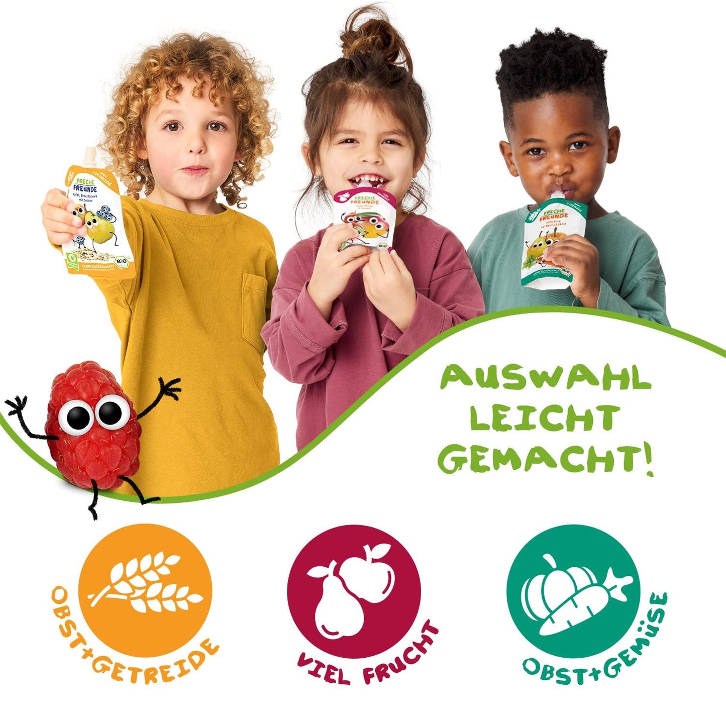 FRECHE FREUNDE Bio-Früchtebeutel Banane, Apfel, Himbeere, Heidelbeere mit Hafer, Fruchtpüree mit Müsli im Quetschbeutel für Babys ab 6 Monaten, vegan, 6er Pack (6 x 100 g)