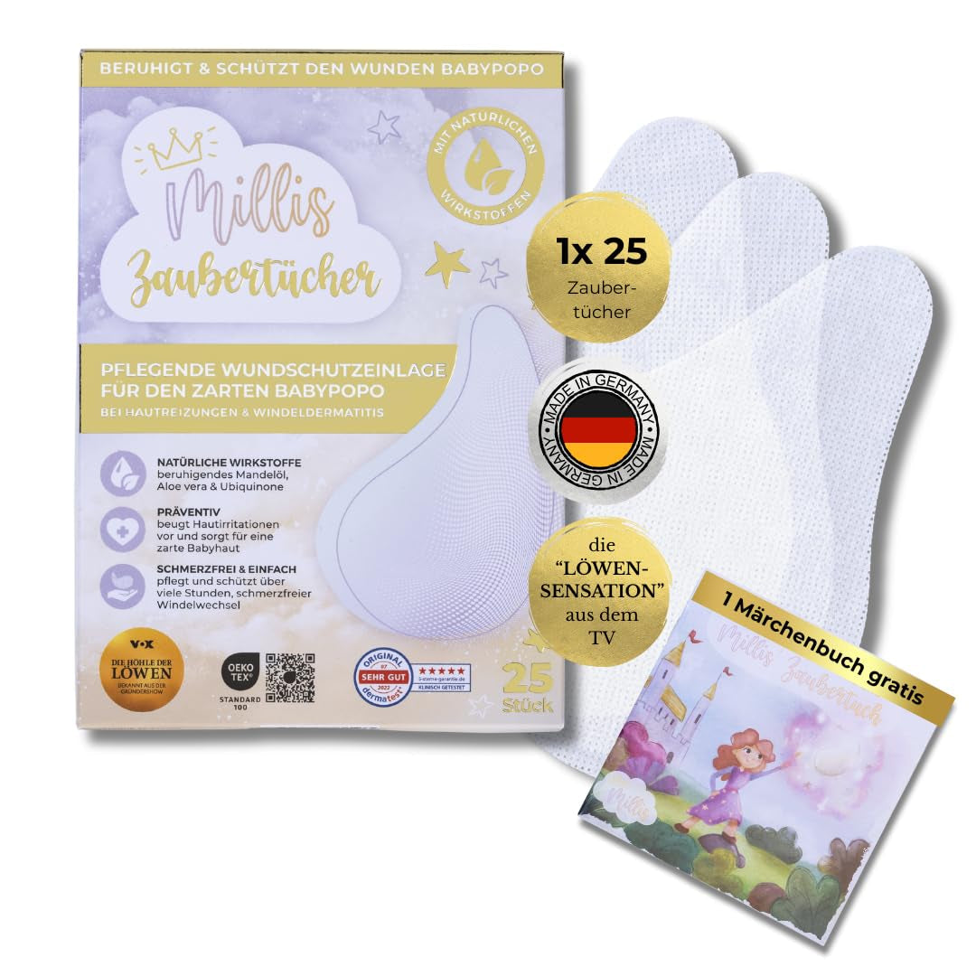 Millis Zaubertücher bei Windeldermatitis Baby, bekannt aus „Die Höhle der Löwen“, 25 Tücher (1 x 25er) mit Aloe Vera, Mandelöl & Q10 – Pflegt, schützt & dient als Wundschutz bei gereizter Haut