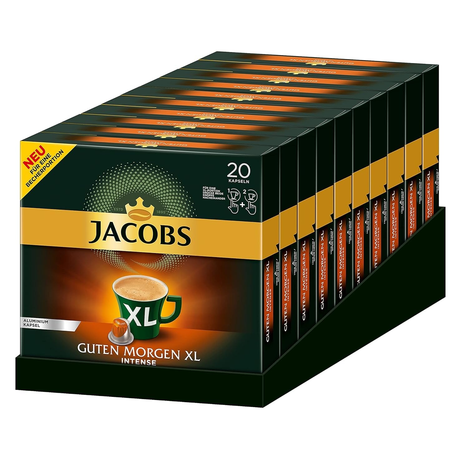 Jacobs Kaffeekapseln Guten Morgen XL Intense - 10er Pack (10 x 20 Getränke) & Kaffeekapseln Lungo Decaffeinato- Intensität 6- 200 Nespresso-kompatible Kapseln, 10er Pack, 10 x 20 Getränke