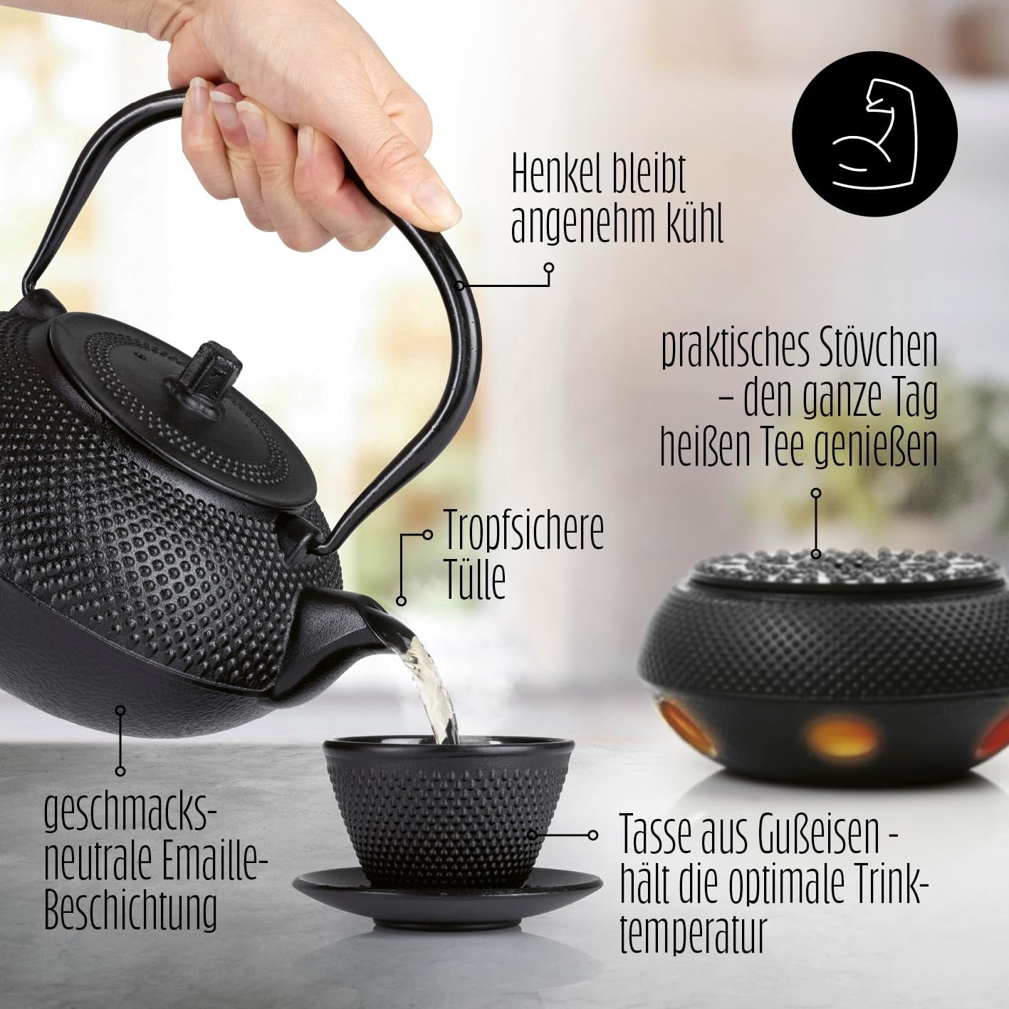 Lumaland 8-teiliges Teeservice | 1,4 Liter Tetsubin-Teekanne aus Gusseisen | Gusseisenheizung | 2 Teetassen und 2 Untertassen | Japanisches Teeservice inklusive Messlöffel aus Bambus und Teesieb aus Edelstahl