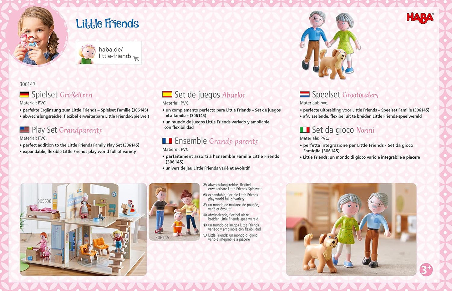 HABA 306147 – Little Friends Spielset Großeltern, flexible Puppen und Tiere ab 3 Jahren, mehrfarbig