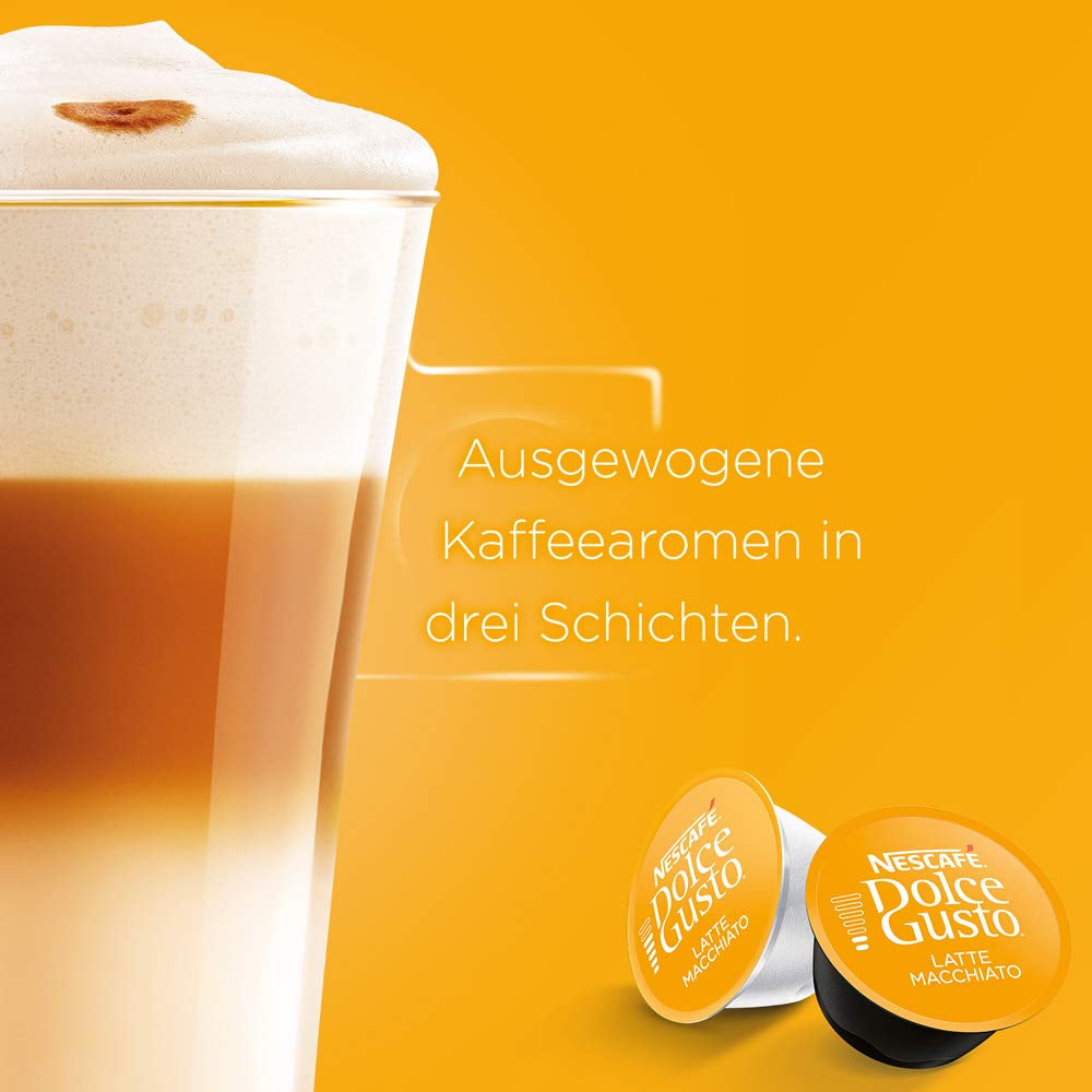 NESCAFÉ Dolce Gusto Latte Macchiato, 48 Kaffeekapseln, Aromatischer Espresso, 3-Schichten - Köstlichkeit aus feinem Milchschaum, Aromaversiegelte Kapseln, 6er Pack (3x16 Kapseln)